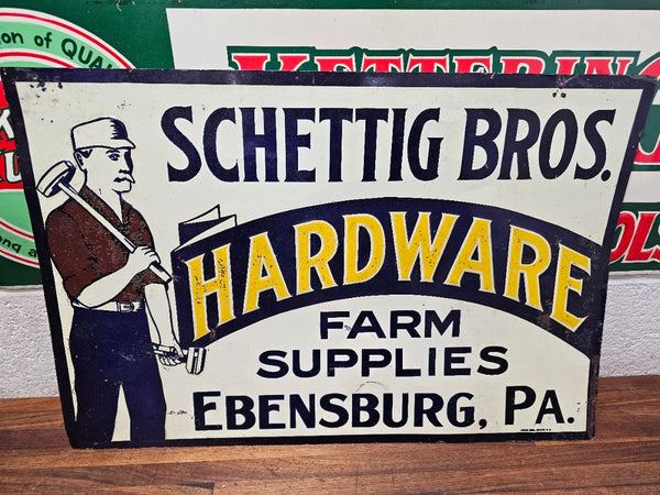 Antique Early Embossed Tin Tacker Hardware Store Sign - Schettig Bros. Edensburg, Pa 20 x 13"