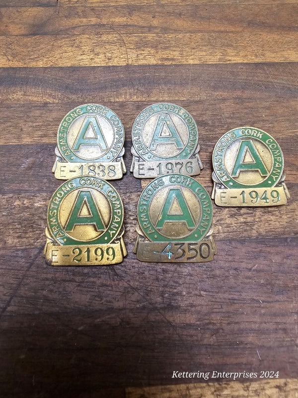 (5) 1940s VINTAGE ARMSTRONG CORK COMPANY EMPLOYEE ID BRASS BADGE