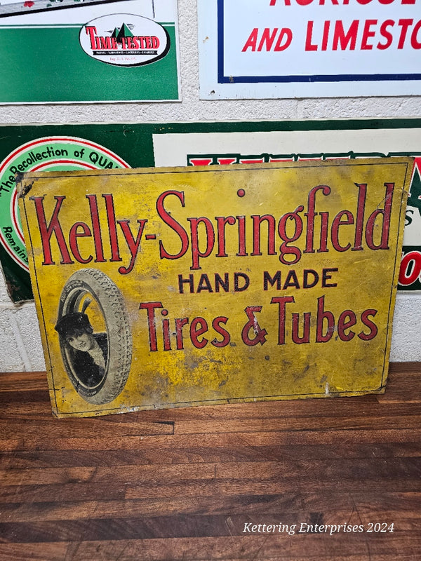 Early Original Antique 1900s Kelly Springfield Tires Tin Tacker Sign