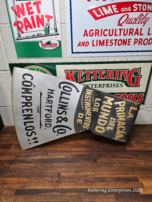 AMAZING EARLY WOOD COLLINS AXE SMALTZ PAINT TRADE SIGN